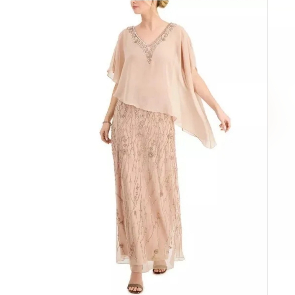 J Kara Bead Embellished Asymmetrical Overlay Gown Size 14 NWT